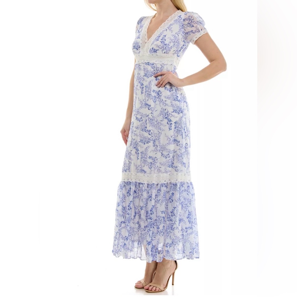 Taylor Women’s Blue & White Floral Tiered V‑Neck Fit & Flare Maxi Dress – Size 8 - Picture 3 of 14